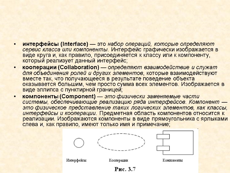 интерфейсы (Interface) — это набор операций, которые определяют сервис класса или компоненты. Интерфейс графически